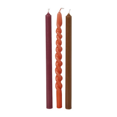 Smalle dinerkaarsjes - paars/oranje/bruin - ø1.3x20 cm - set van 3