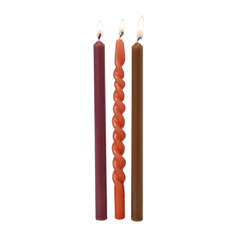 Smalle dinerkaarsjes - paars/oranje/bruin - ø1.3x20 cm - set van 3 
