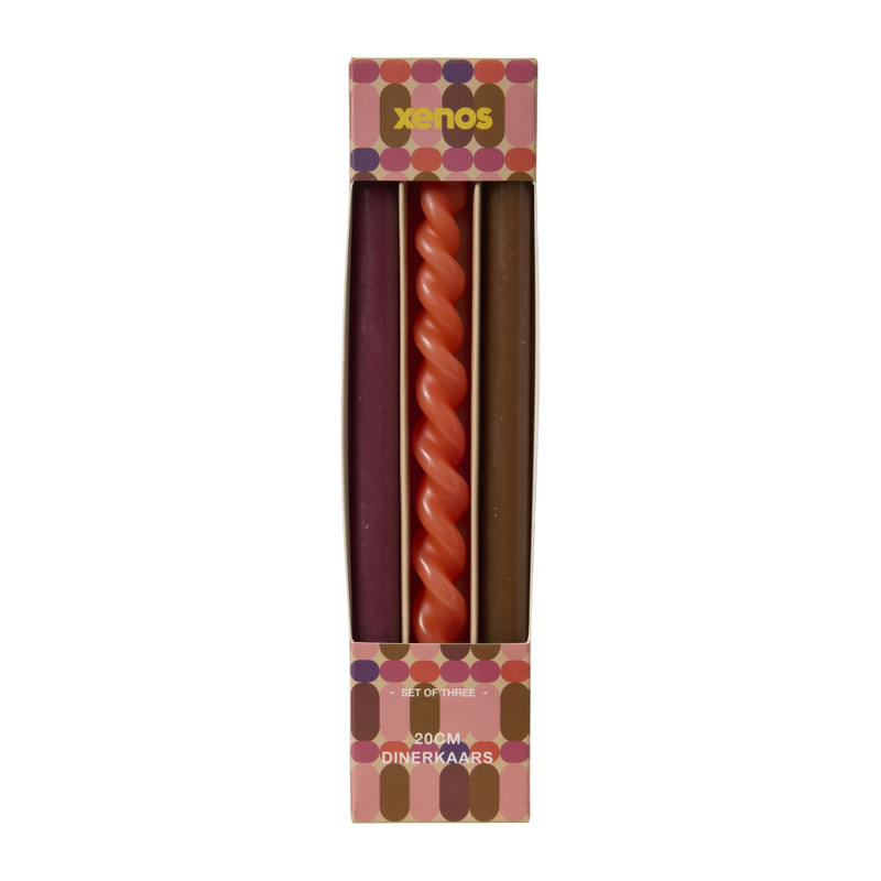 Smalle dinerkaarsjes - paars/oranje/bruin - ø1.3x20 cm - set van 3 