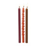 Smalle dinerkaarsjes - paars/oranje/bruin - ø1.3x20 cm - set van 3 