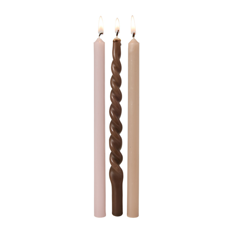 Smalle dinerkaarsjes - bruin/beige/roze - ø1.3x20 cm - set van 3 