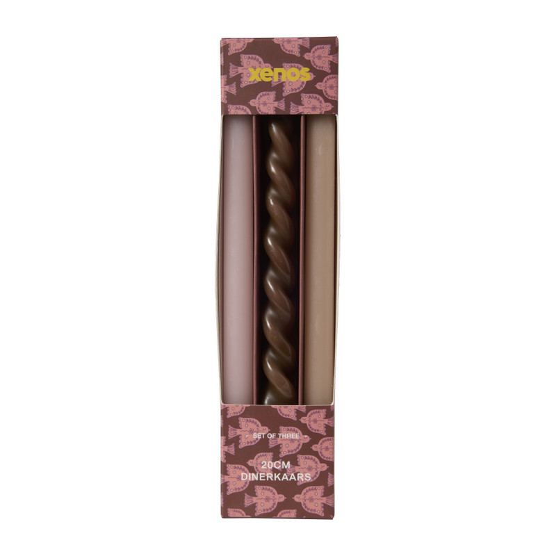 Smalle dinerkaarsjes - bruin/beige/roze - ø1.3x20 cm - set van 3 