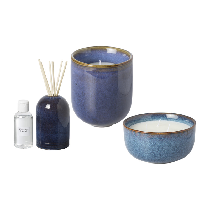Geurkaars white linen & sea salt - blauw - ø13.2x6.8 cm