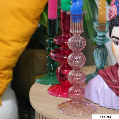 Kandelaar bol rib roze - diverse kleuren - ø9x22 cm