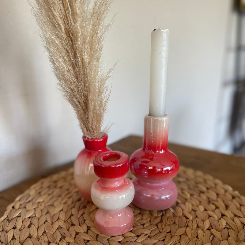Kandelaar glazed - rood/roze - ø7x13.5 cm