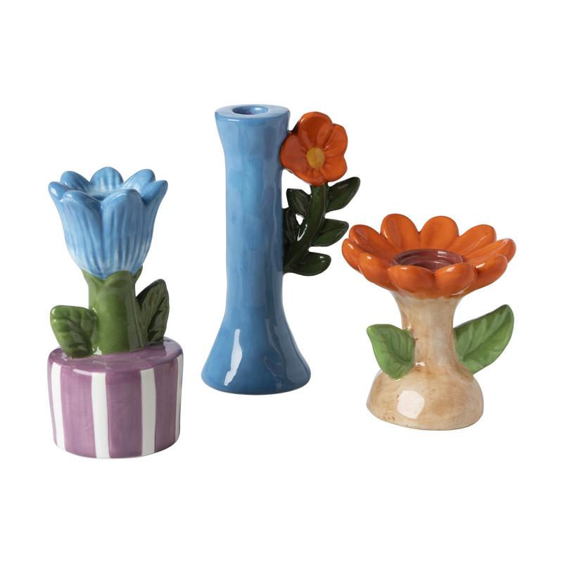 Kandelaar bloem - blauw/oranje - ø10.7x18.3 cm