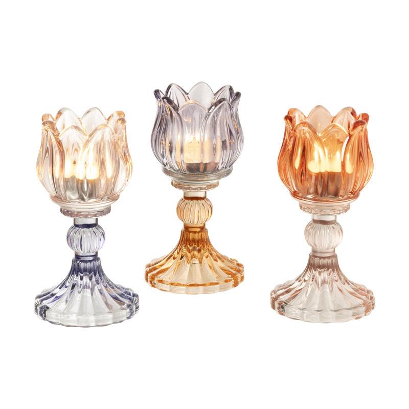 Waxinelichthouder tulp - paars/oranje - ø7.8x14.9 cm