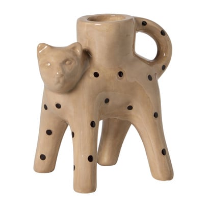 Kandelaar tijgerkat stippen - wit/zwart - 10x9x4.5 cm