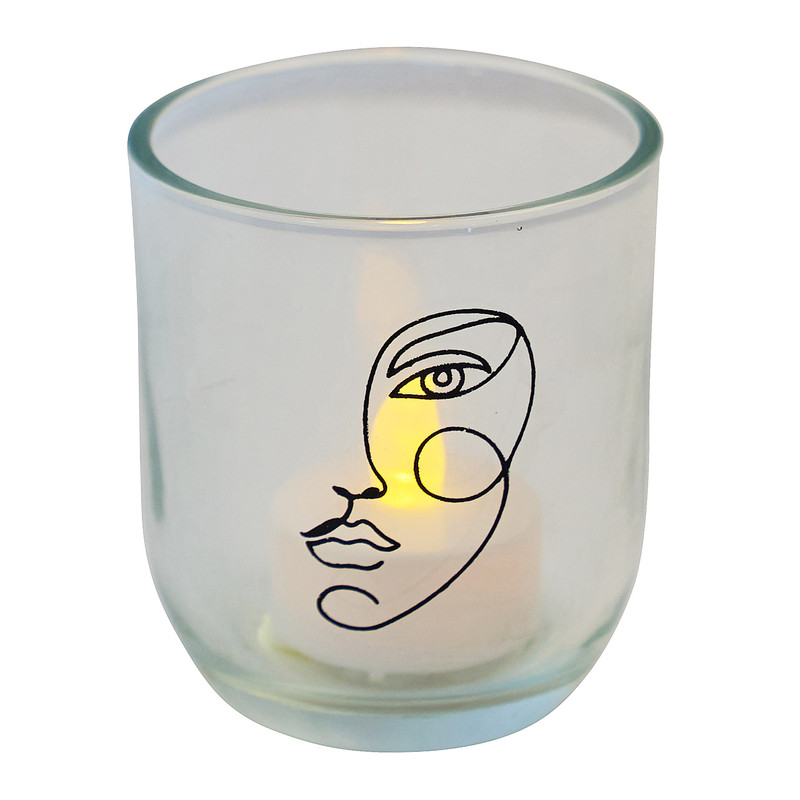 Theelichthouder gezicht - transparant - Ø9x9.5 cm