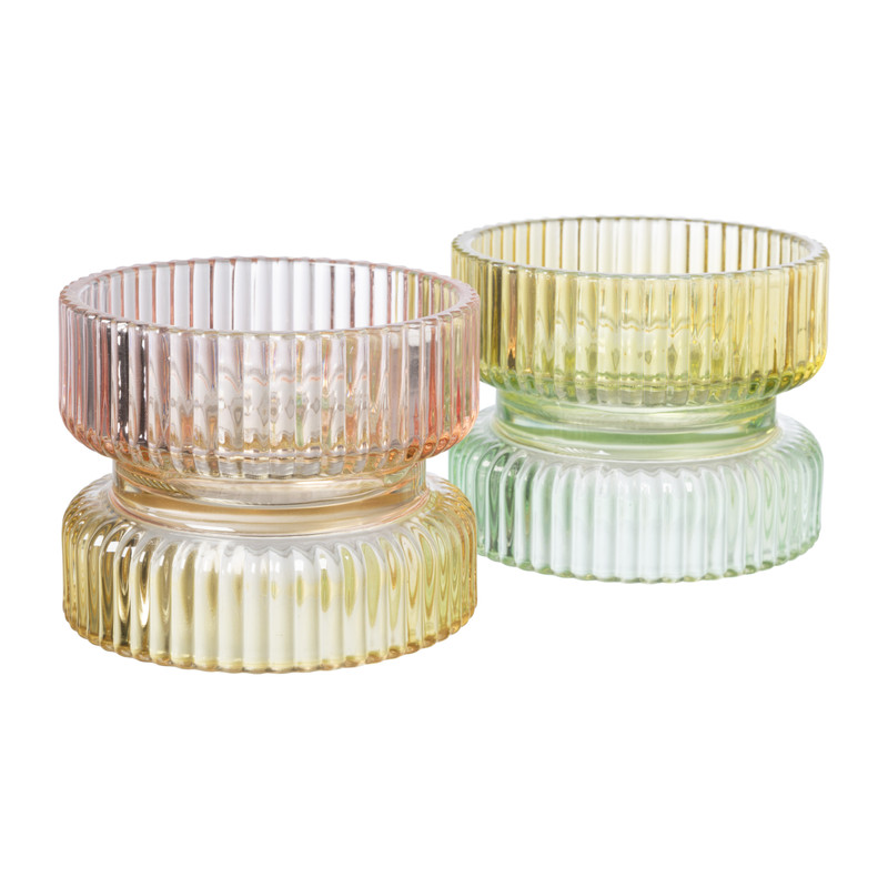 Theelichthouder duo - groen/geel - ø9x7 cm