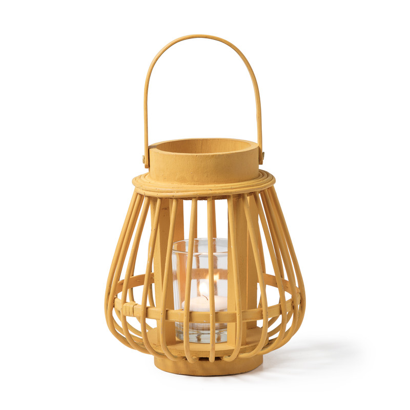 Theelichthouder bamboe - geel - ⌀14x16 cm 