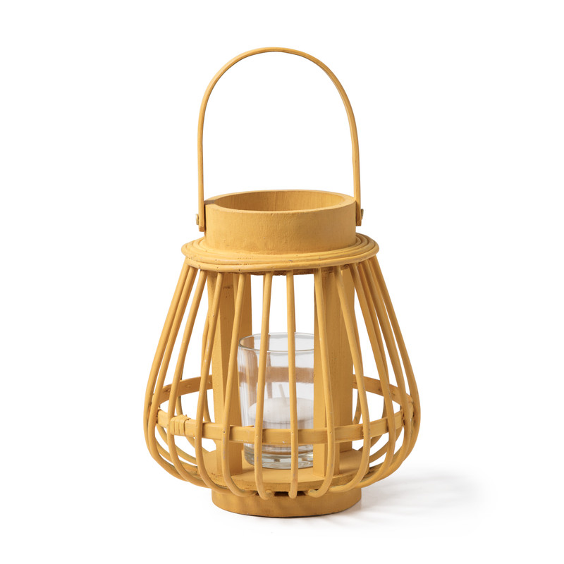 Theelichthouder bamboe - geel - ⌀14x16 cm 