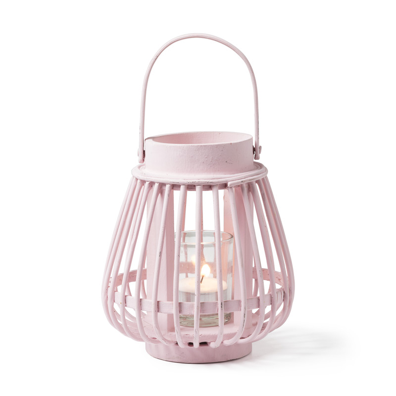 Theelichthouder bamboe - roze - ⌀14x16 cm 