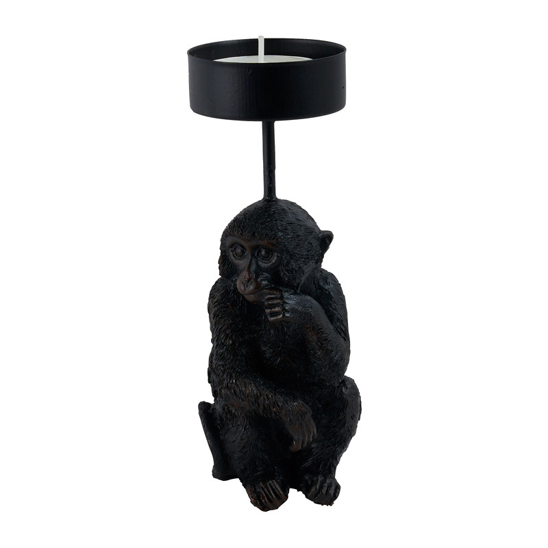 Theelichthouder aap - zwart - 6.5x5.5x14.3 cm