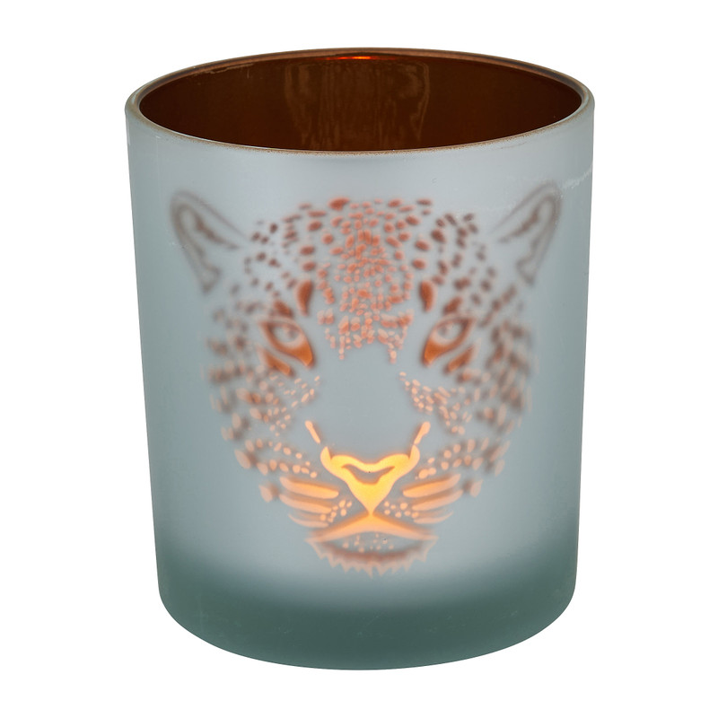Theelichthouder luipaard - zilver/bruin - ⌀8.8x10 cm 