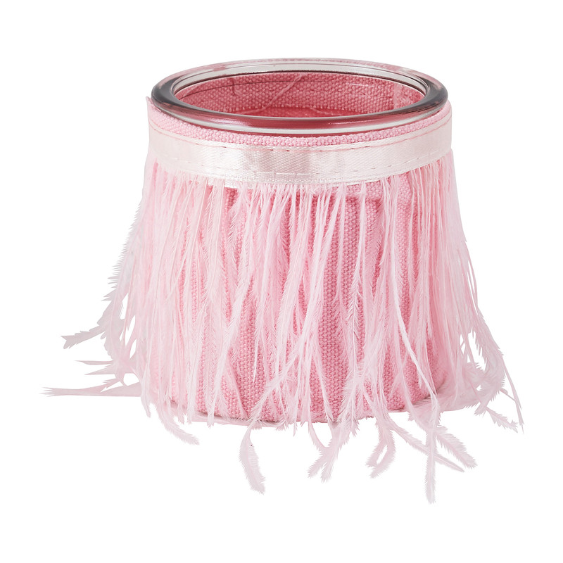 Theelichthouder met veren - roze -⌀8x8 cm