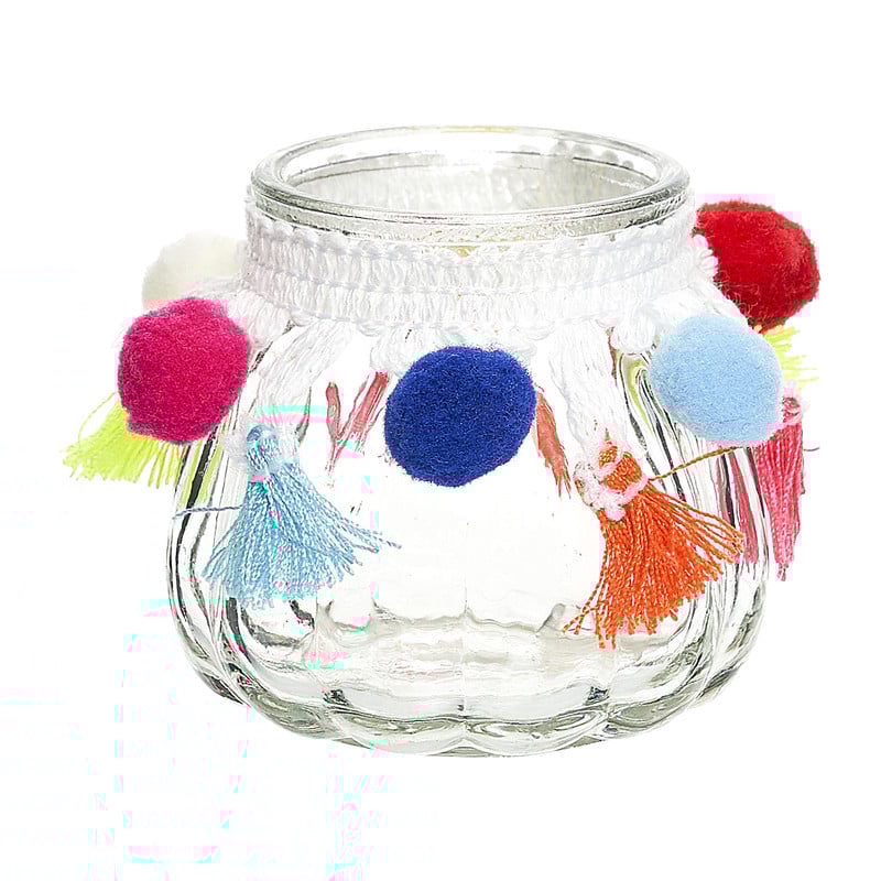 Theelichthouder bol met pompoms - 7,5x7,5x7 cm