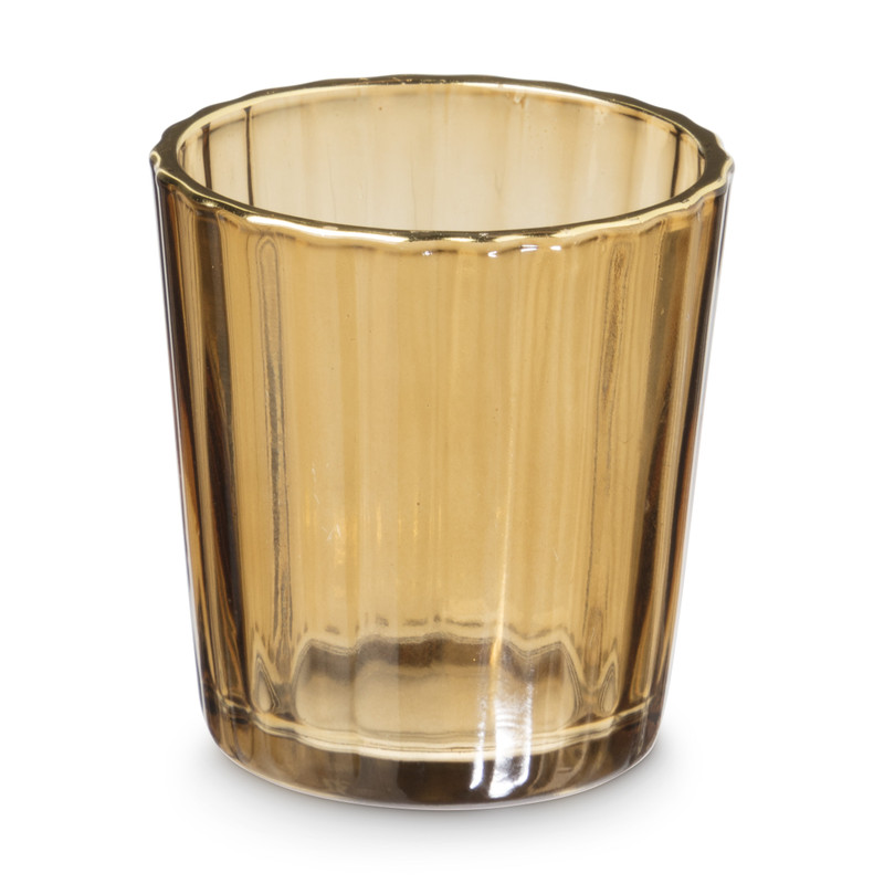 Theelichthouder ribbel - goud/cognac - 5.5x5.5x6 cm