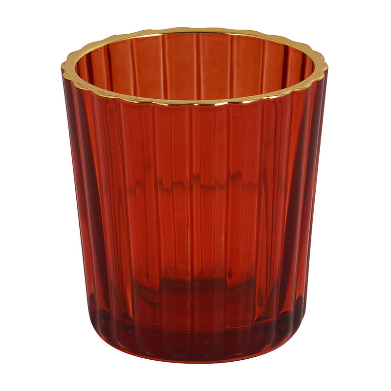 Theelichthouder ribbel - goud/oranje - 5.5x5.5x6 cm