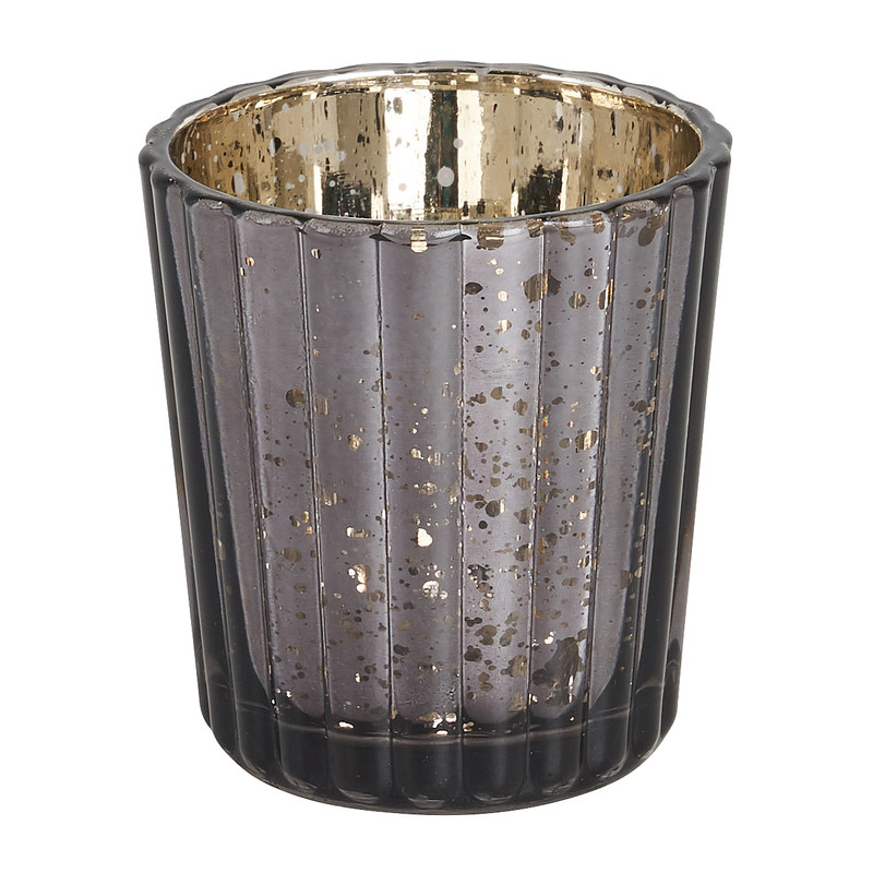 Waxinelichthouder ribbel - zwart/goud - 5.5x5.5x6 cm