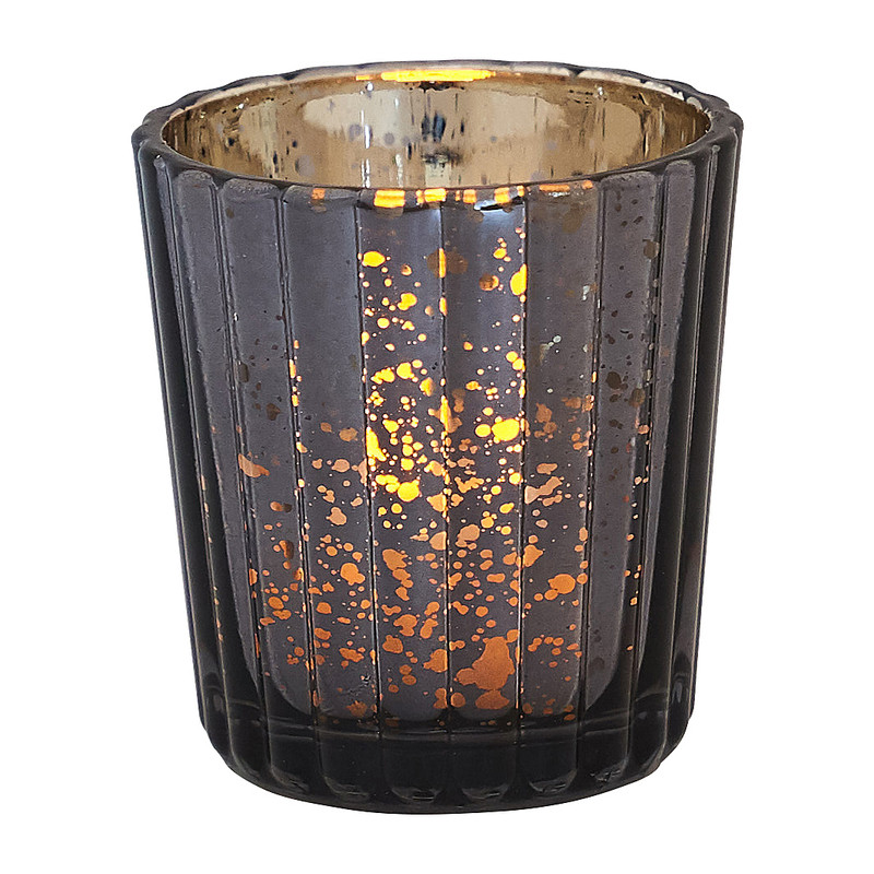 Waxinelichthouder ribbel - zwart/goud - 5.5x5.5x6 cm