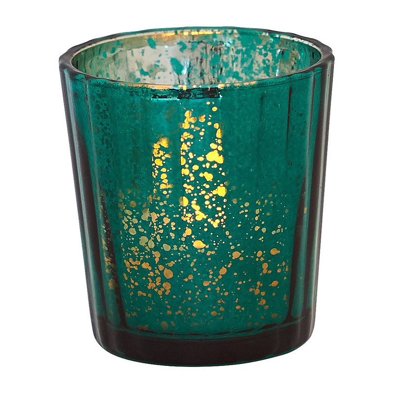 Theelichthouder ribbel - groen/goud - 5.5x5.5x6 cm