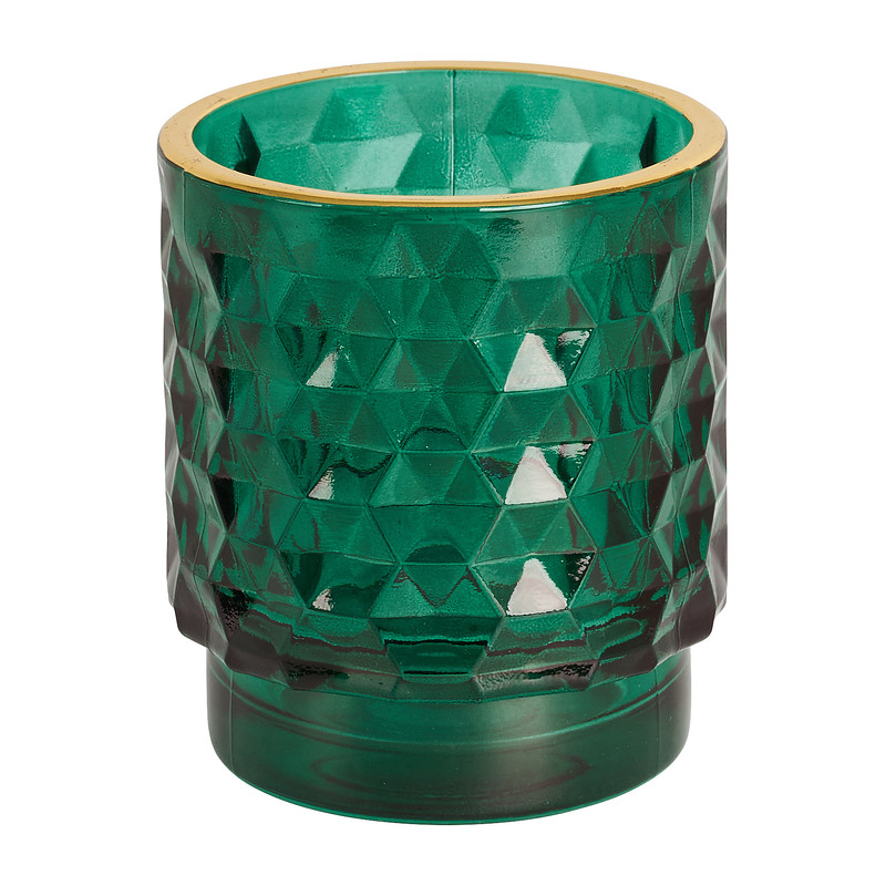 Theelichthouder op voet met relief - groen - 7x7x8 cm