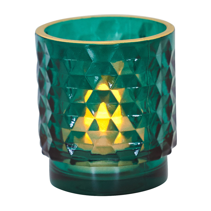 Theelichthouder op voet met relief - groen - 7x7x8 cm