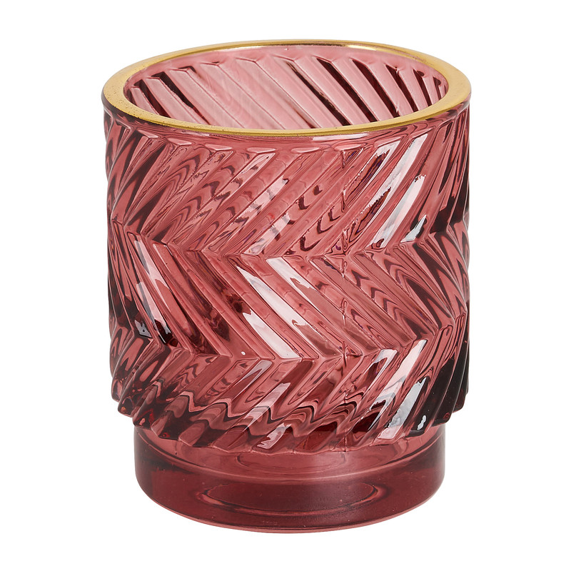 Theelichthouder op voet met relief - rood - 7x7x8 cm