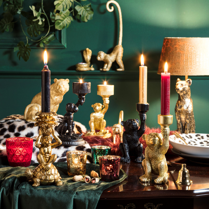 Theelichthouder aap - goud - 9.5x9.5x16 cm 