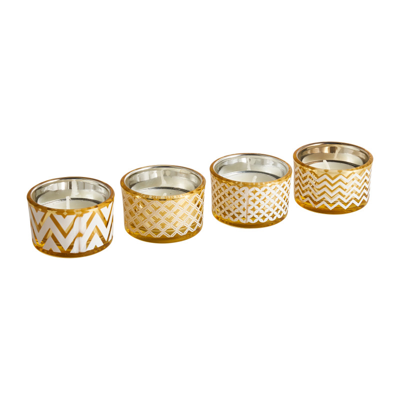 Theelichthouder glas - set van 4 - goud/wit