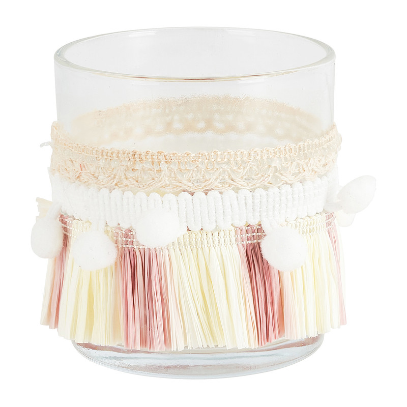 Theelichthouder met franjes - bruin/beige - ⌀7X8 cm