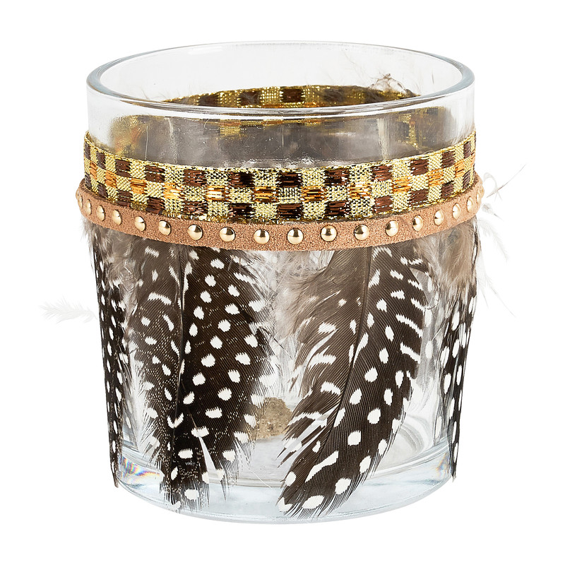 Theelichthouder met veren - zwart - ⌀7X8 cm