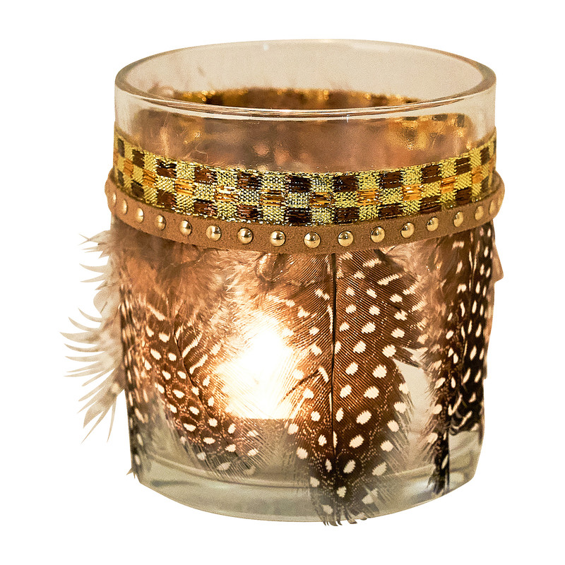 Theelichthouder met veren - zwart - ⌀7X8 cm