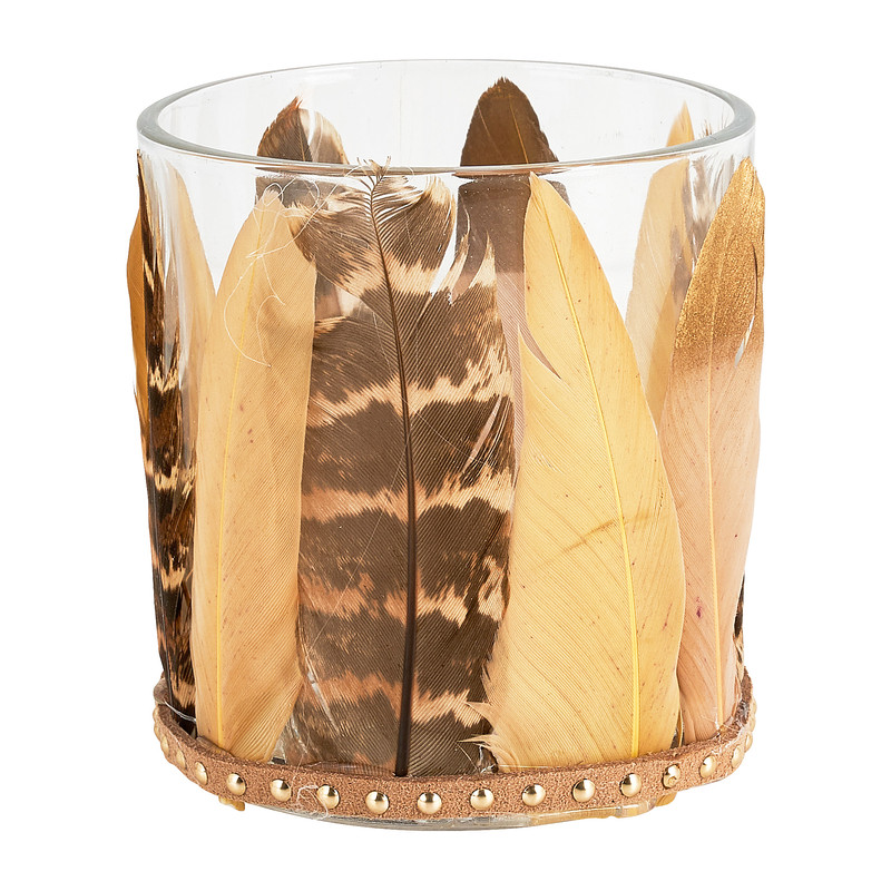 Theelichthouder met veren - ⌀7x8 cm 