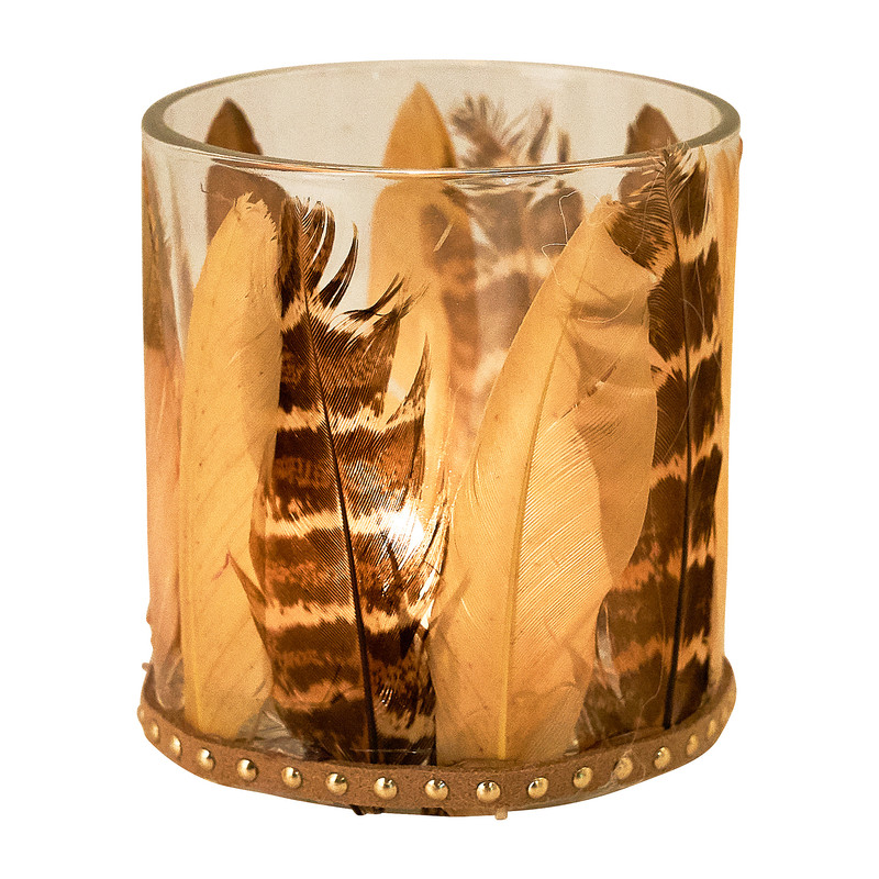 Theelichthouder met veren - ⌀7x8 cm 