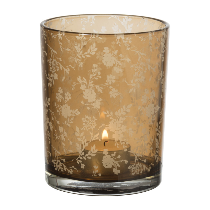 Theelichthouder met bloemenprint - bruin - ø10x12.5 cm 