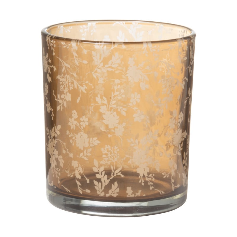 Theelichthouder met bloemenprint - bruin - ø9x10 cm