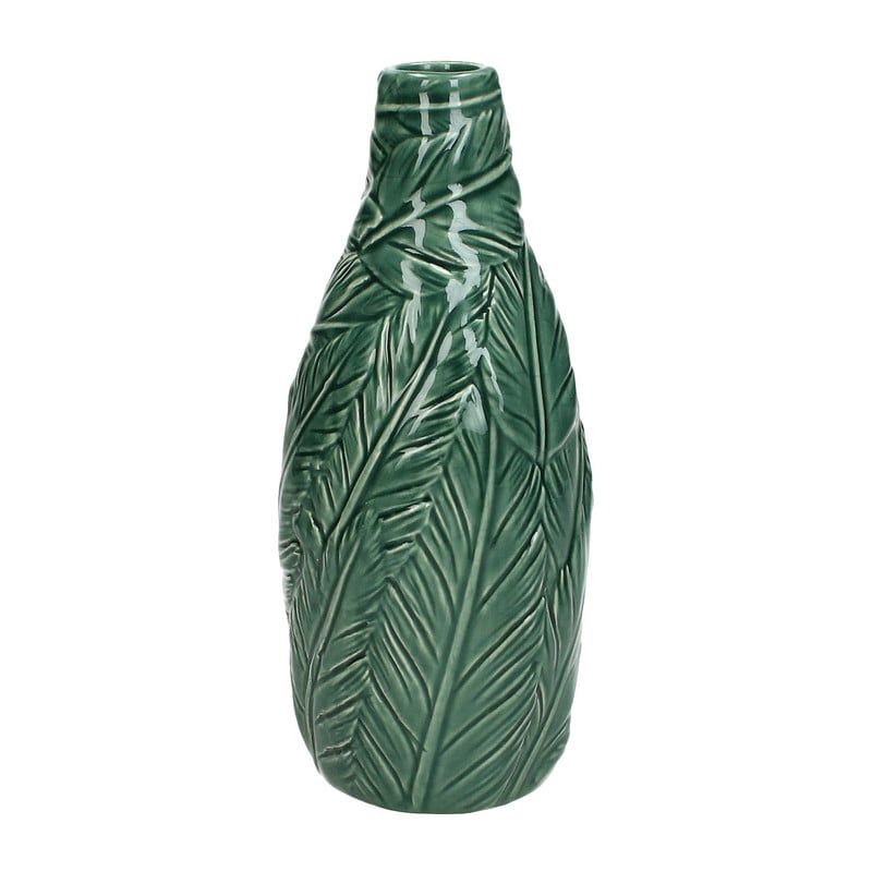 Vaas met bladeren reliëf - groen - 19,5 cm 