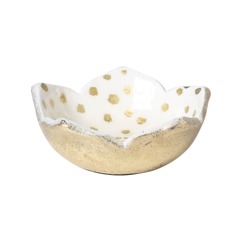 Schaaltje stip groot - wit/goudkleurig - ø9x3 cm