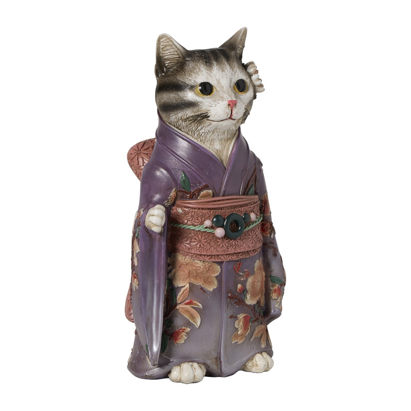 Beeldje kat in kimono - paars - 22x11x9 cm