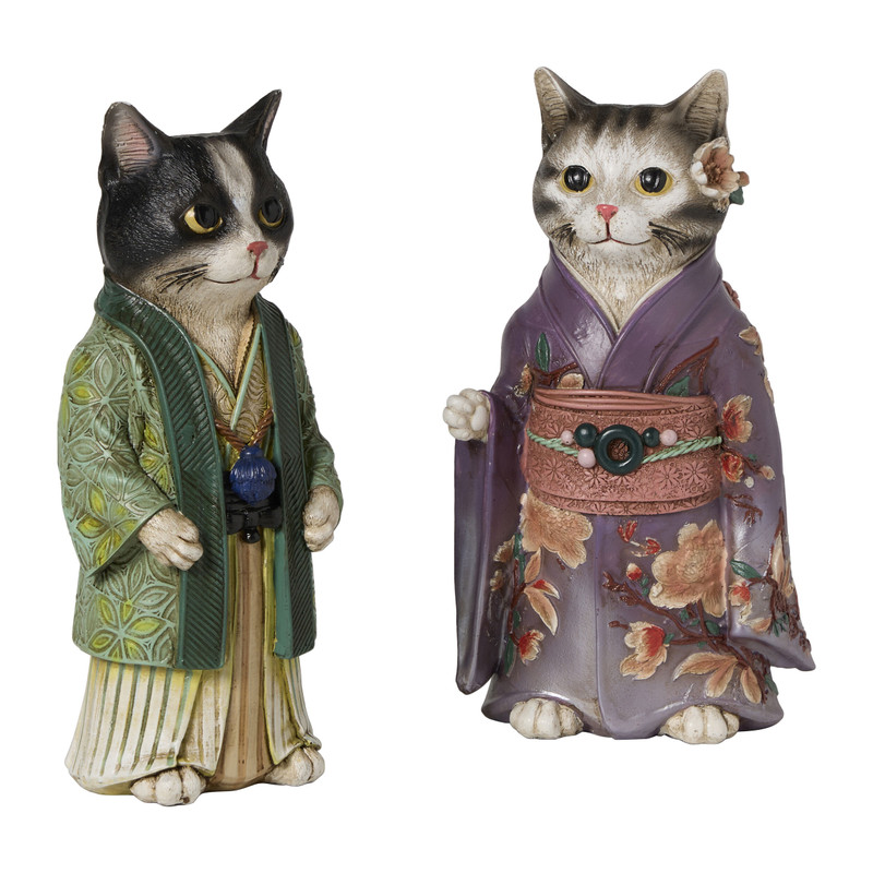 Beeldje kat in kimono - paars - 22x11x9 cm