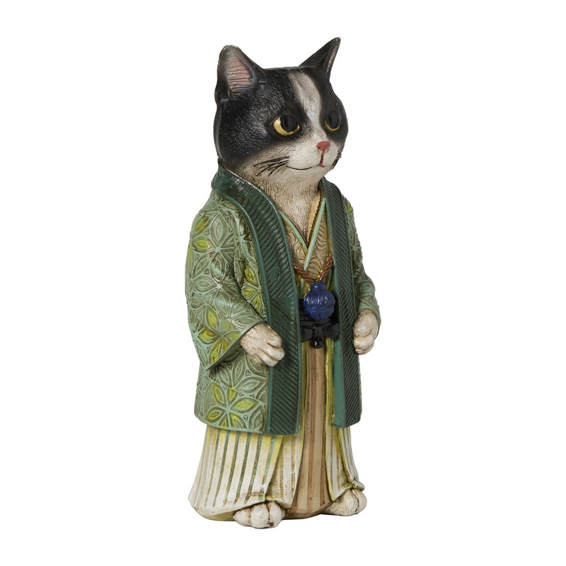 Beeldje kat in kimono - groen - 22x11x9 cm