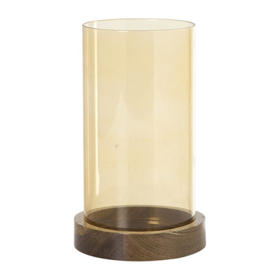 Windlicht glas en hout klein - beige/bruin - ø10x20 cm
