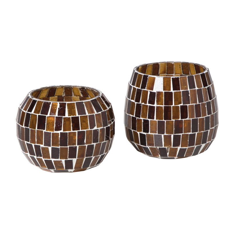 Waxinelichthouder mozaiek - bruin - ø8x6.5 cm