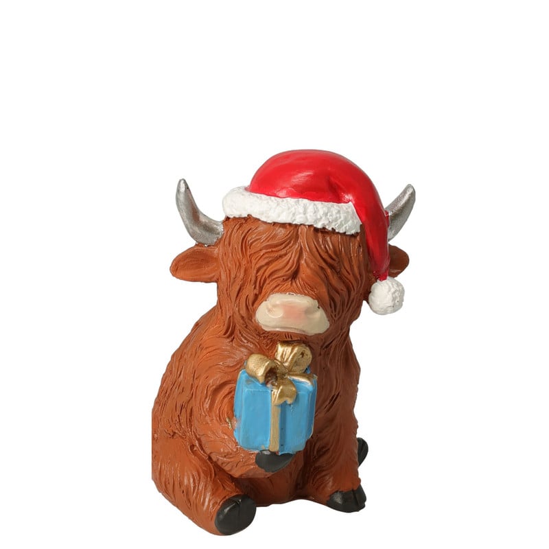Beeldje koe met kerstmuts - 12 cm - diverse varianten