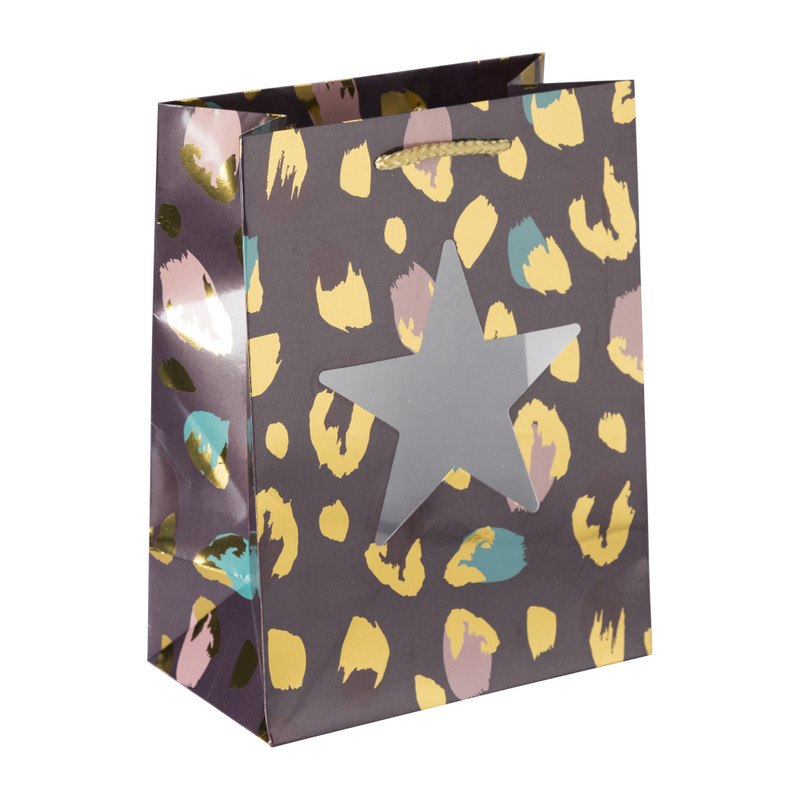 Kerst cadeautas leopard - paars/goud - 17.5x23 cm 