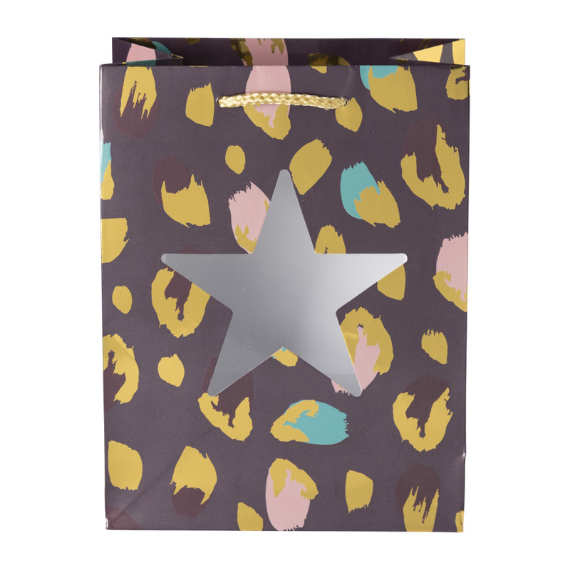 Kerst cadeautas leopard - paars/goud - 17.5x23 cm 