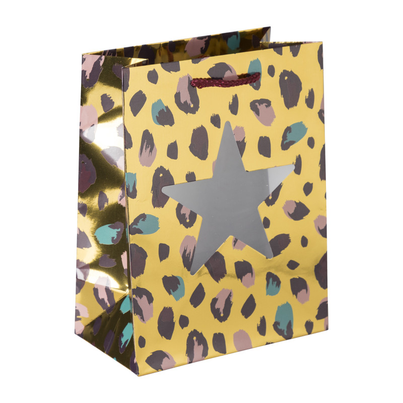 Cadeautas leopard - goud/paars - 17.5x23 cm 