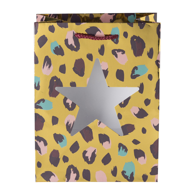 Cadeautas leopard - goud/paars - 17.5x23 cm 